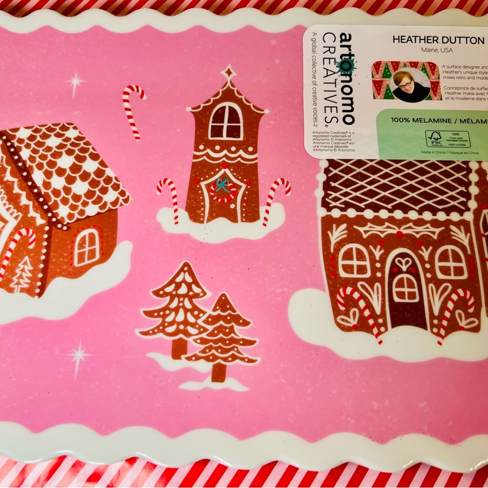 Christmas Pink Gingerbread Village Melamine Serving Tray Whimsical - Picture 4 of 12